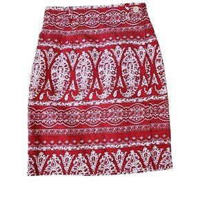 VTG Bentley Arbuckle Red & Cream Paisley Boho Print Cotton Denim Wrap Skirt Sz M